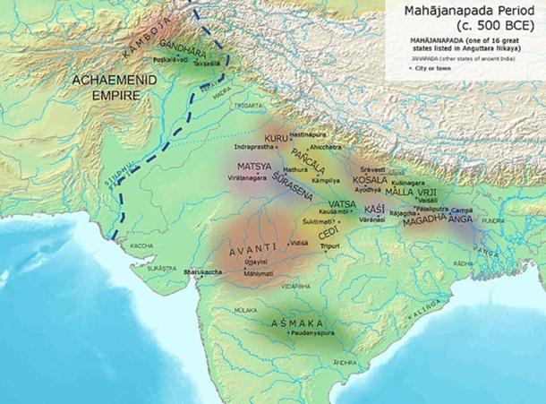 Eastern border of the Achaemenid Empire and ancient kingdoms and cities of India. (Avantiputra7 / CC BY-SA 3.0)