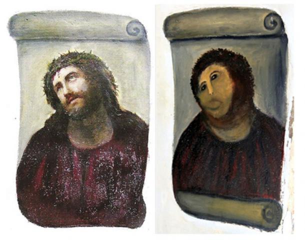 Ecce Hommo by Elias Garcia Martinez was destroyed in 2012 by a failed restoration attempt. (Left; Public Domain; Right; CC BY-NC-SA 2.0)