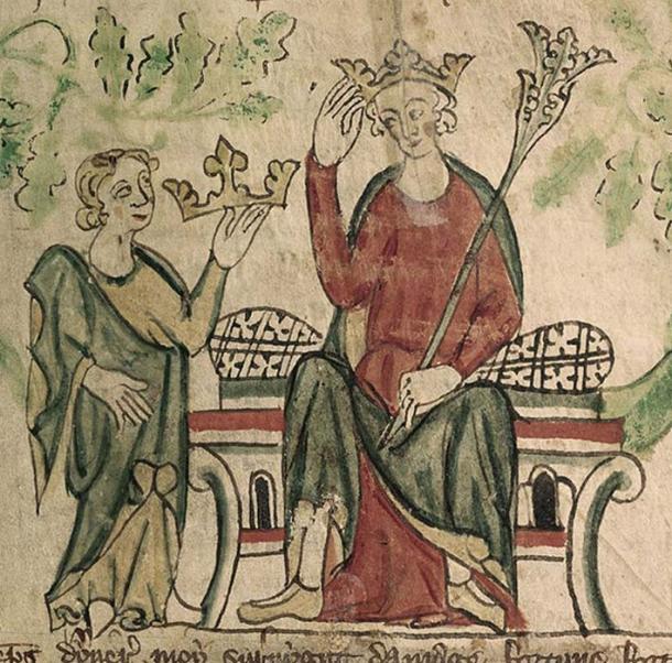 Edward II shown receiving the English crown in a contemporary illustration. (British Library / Public Domain)