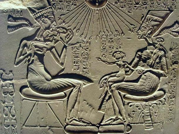 Egyptian Pharaoh Akhenaten, wife Nefertiti, and their children.