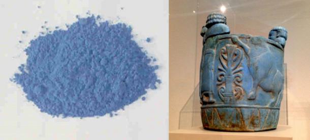 Left: Egyptian blue, also known as calcium copper silicate, or CaCuSi4O10, or cuprorivaite, is considered to be the first synthetic pigment ever developed. (Public Domain) Right: Pyxis colored 
