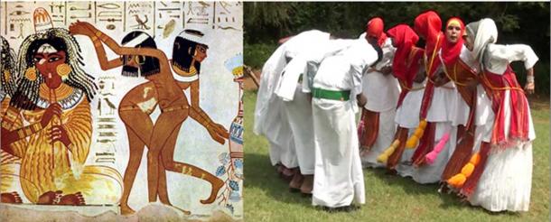 Left: Ancient Egyptian dancers and flutist. (Public Domain) Right: Young Somali women and men performing the traditional dhaanto dance-song in Jubaland.