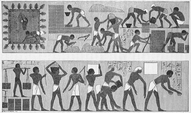 Prisioneros egipcios trabajando como esclavos en una pintura mural de una tumba en Tebas.