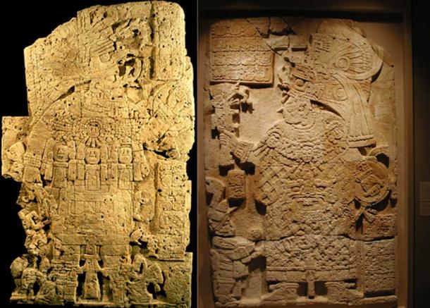 El Peru Stelae 33 (left) and 34 (right), portraying K’inich Bahlam II and Lady K’abel.