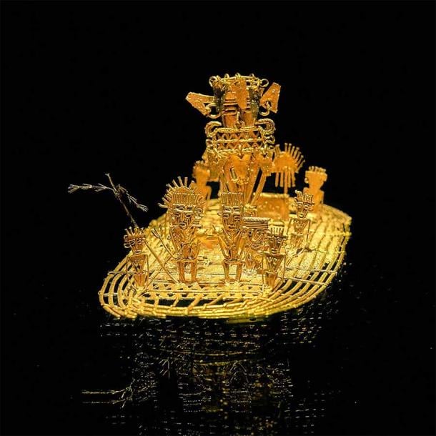 El mito de El Dorado proviene de este objeto y la leyenda detrás de él. El rey Zipa o Muisca solía cubrir su cuerpo con polvo de oro. Y desde su balsa ofreció tesoros a la diosa Guatavita en medio del lago sagrado. Esta antigua tradición muisca es el origen de la leyenda de El Dorado. Esta figura de balsa muisca se encuentra en exhibición en el Museo del Oro, Bogotá, Colombia. (Pedro Szekely / CC BY-SA 2.0)