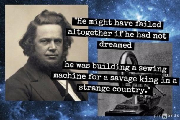 Left: Elias Howe, ca. 1850 (Public Domain) Right: Howe’s sewing machine, 1846 (Public domain) Background: Starry sky