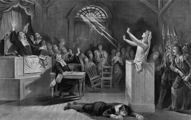 The last Salem witch, Elizabeth Johnson, who was pardoned by the state of Massachusetts in mid-2022, would have been tried in a courtroom like this one drawn by Joseph E. Baker. (Baker, Joseph E. / Public domain)