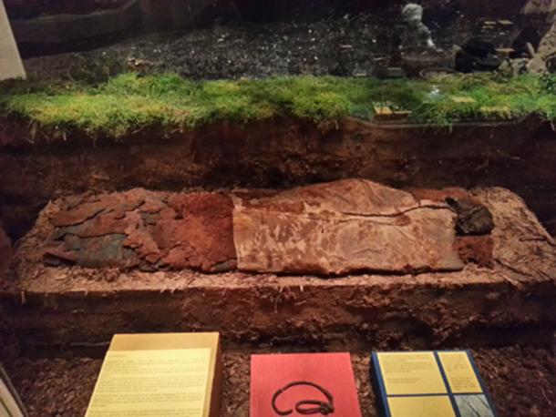 The Elling Woman on display at the Silkeborg Museum, along with the skin rope found with her body. 