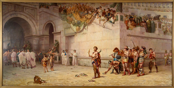 The Emperor Commodus Leaving the Arena at the Head of the Gladiators, by American muralist Edwin Howland Blashfield. (Public Domain)