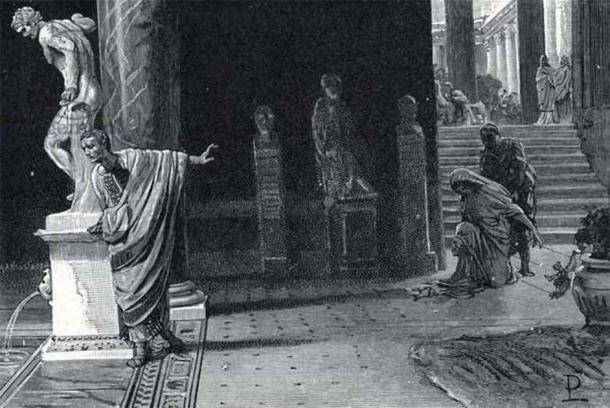 Emperor Augustus repudiating his daughter Julia. Augustus decided on his daughter, Julia's exile, when she was arrested for adultery. Engraving from 