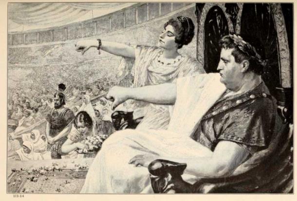 Emperors and elites had lower seats at the Colosseum, closer to the action. Here, Nero is shown giving a thumbs down – bad news for the unseen gladiator! (Patrick Gray / CC BY 2.0)