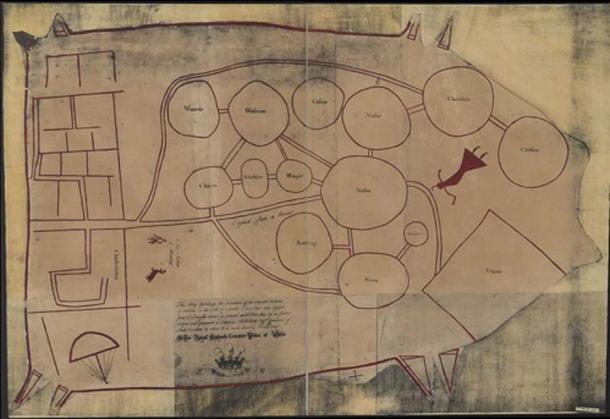 A c. 1724 English copy of a deerskin Catawba map of the tribes between Charleston (left) and Virginia (right) following the displacements of a century of disease and enslavement and the 1715–7 Yamasee War. The Cherokee are labelled as 