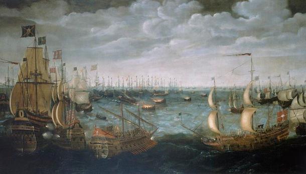 English fireships are launched at the Spanish armada off Calais