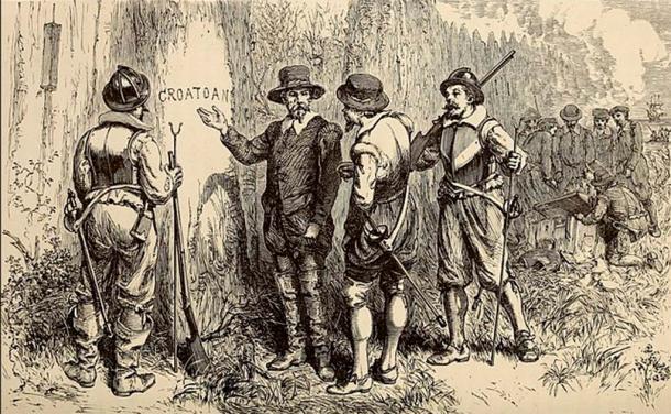 I primi coloni inglesi dell'isola di Roanoke nel Nuovo Mondo. Qui, il ritorno del governatore White a "The Lost Colony", disegno di William Ludwell Sheppard, incisione di William James Linton. (Dominio pubblico)