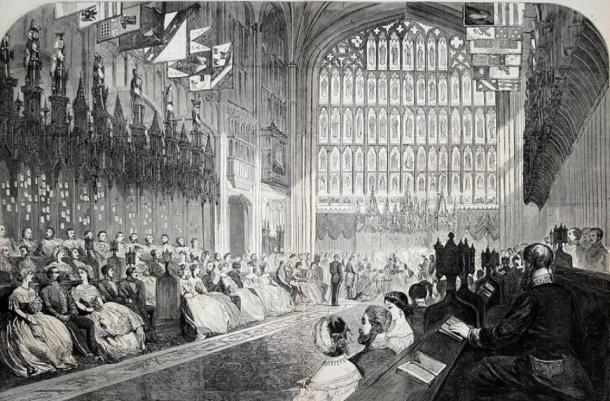 Engraved illustration from Harper's Weekly newspaper of the wedding of the Prince of Wales (later King Edward VII) and Alexandra of Denmark. (Public Domain)\