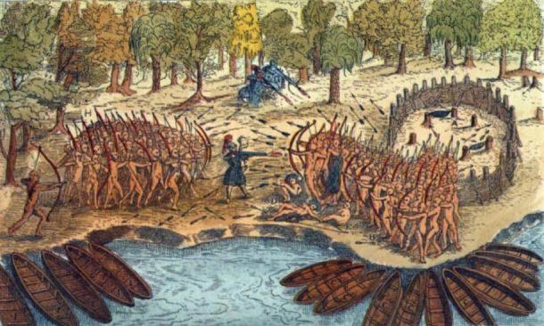 Engraving based on a drawing by Champlain of his 1609 voyage. It depicts a battle between Iroquois and Algonquian tribes near Lake Champlain. (Public Domain )