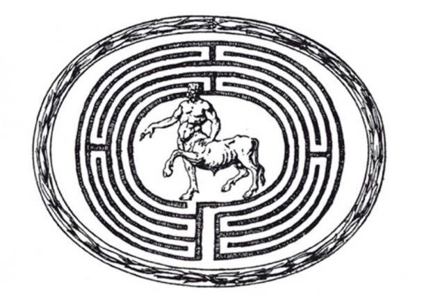 Engraving of the Minotaur in a labyrinth.
