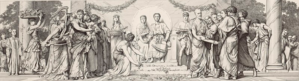 inscripción en el mural "Les époux se doevent mutuellement fidélite asegura ayuda" En París.  Visualizando una boda romana notable.  (Gustave Boulanger/CC0)