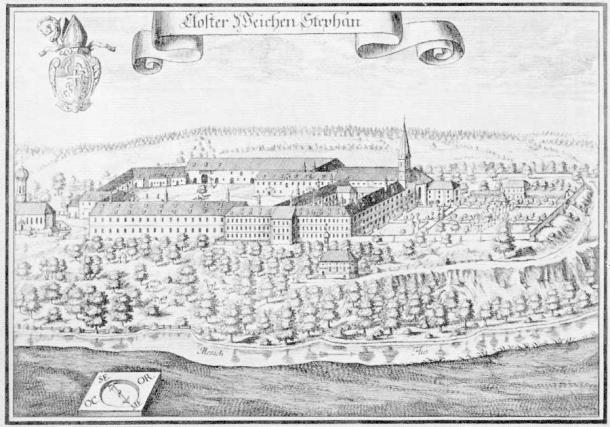 Engraving of Weihenstephan Abbey, home of the world's oldest continuously operating brewery, by Michael Wening in Topographia Bavariae, about 1700 (Public Domain)