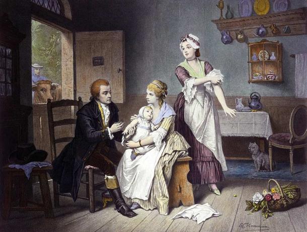 Engraving by C. Manigaud showing Edward Jenner vaccinating his son. (Wellcome Collection / Public Domain Mark 1.0)