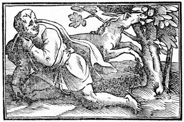 Engraving of the final moments of the life of the Stoic philosopher Chrysippus, who reportedly died laughing while watching a donkey eat figs. From the 1606 Italian book Delle Vite de Filosofi di Diogene Laertio Libri X. (Public domain)