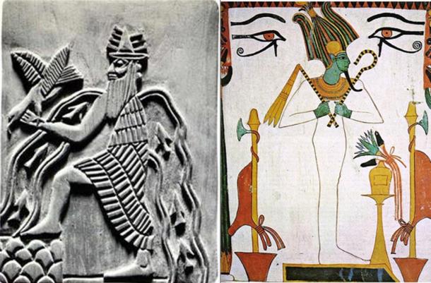 Representations of the Sumerian god Enki and the ancient Egyptian god Osiris