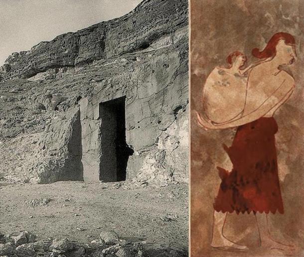 Left: Entrance of the tomb BH14 of the nomarch Khnumhotep I at Beni Hasan. Reign of Amenemhat I, early 12th Dynasty, Middle Kingdom. Right: A Libyan or Kushite woman with her baby, depicted in Khnumhotep I's tomb.