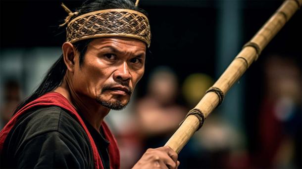 Eskrima practitioner wearing a traditional headdress and striking with a stick as part of this unique martial art. (kian / Adobe Stock)