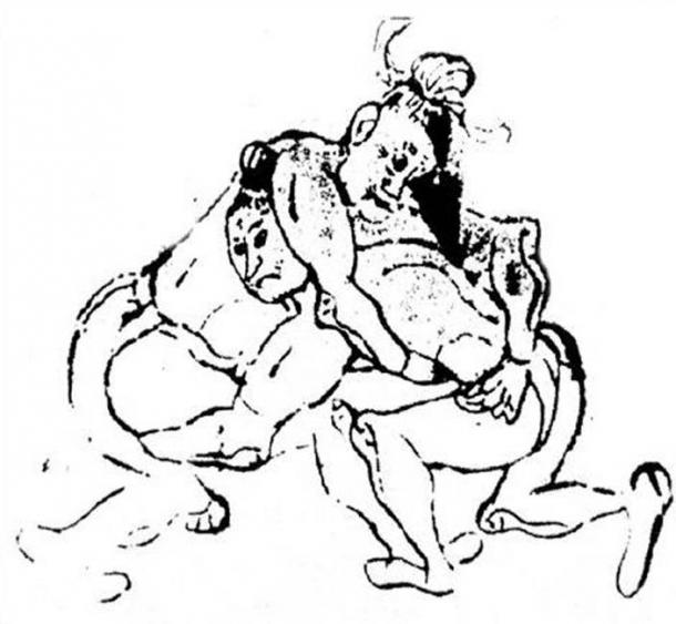 Etching of a Shuai jiao wrestling match during the Tang Dynasty. (Public Domain)