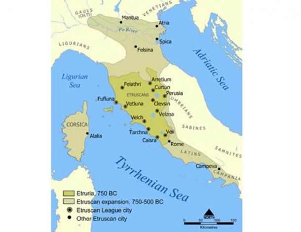 A map showing the extent of Etruria and the Etruscan civilization. The map includes the 12 cities of the Etruscan League and notable cities founded by the Etruscans.