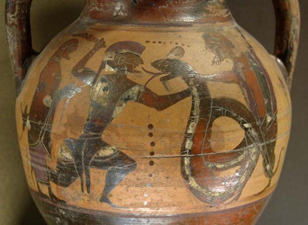 Euboean amphora, c.550 BC, the fight between the Giant King Cadmus and a dragon.
