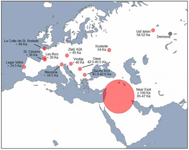 Map of western Eurasia showing areas and estimated dates of possible Neandertal–modern human hybridization (in red) based on fossil samples from indicated sites. (Biology)