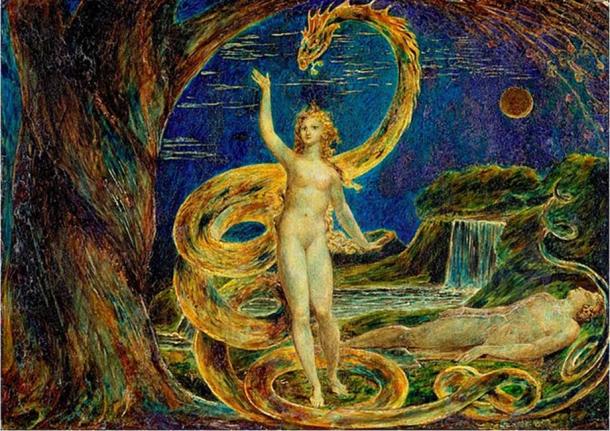 ‘Eve Tempted by the Serpent’ (1799-1800) by William Blake. (Public Domain)