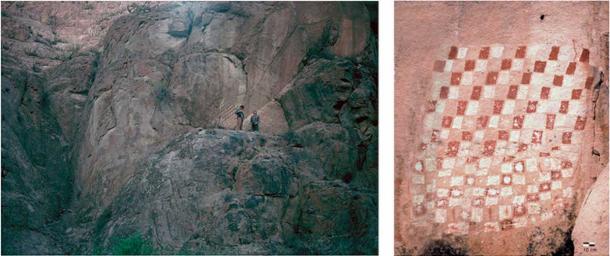 Ejemplo de estilo utilizado en obras de arte locales, como lo demuestra el exterior de una cueva en un pictograma con cuadrados rojos y blancos en la pared del valle empinado sobre el Cañón Vitor. (Correa-Lau, J., et. al. / CC BY 4.0)