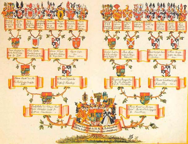 Esempio dell'albero genealogico con rispettivi cognomi, di Sigmund Christoph von Waldburg-Zeil-Trauchburg (ultimo vescovo di Chiemsee e amministratore apostolico di Salisburgo) (Dominio pubblico)