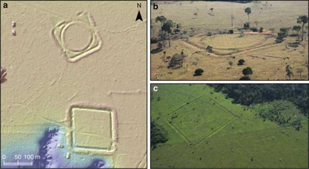 Examples of geoglyphs and mounded ring villages in the Amazon: a. LiDAR digital terrain model of the Jacó Sá site. b. Aerial photo of one of the structures at Jacó Sá site. c. Aerial photo of Fonte Boa site.