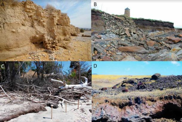 Examples of archaeological sites impacted by coastal erosion: A) the base of Siraf’s old city walls on the Persian Gulf of Iran (photograph by M. Pourkerman); B) St Monans, Scotland (photograph by T. Dawson); C) a beach in South Carolina, USA (photograph by T. Dawson); and D) Ahu Akahanga, Rapa Nui (photograph by J. Downes). (Antiquity Publications Ltd)