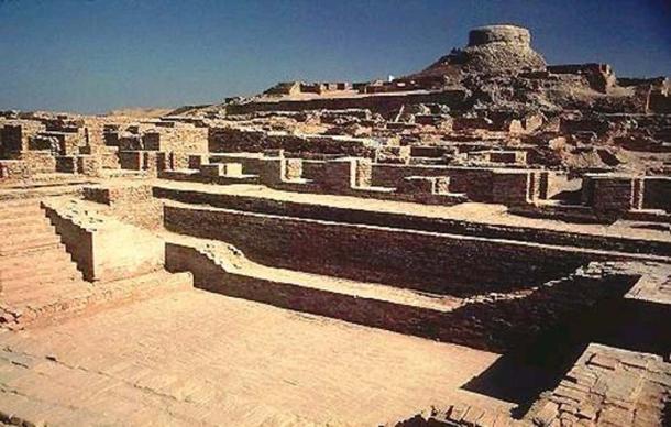 Excavated ruins of Mohenjo-daro, Sindh province, Pakistan, showing the Great Bath in the foreground.