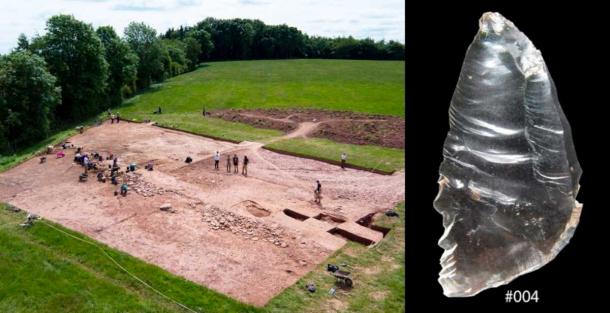 Excavaciones en Dorstone Hill y uno de los cristales de roca encontrados en el sitio. (La Universidad de Manchester)