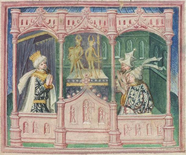 Excerpt from folio 39r of Harley MS 2278. The scene depicts Lothbrok, king of Danes, and his sons, Hinguar and Hubba, worshiping idols. (Public Domain)