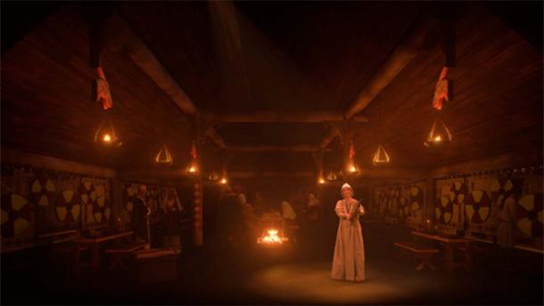 AV Experience, Ad Gefrin Great Hall, Stef Connor as Leofwynn the Bard. (Freak Films/ Ad Gefrin)