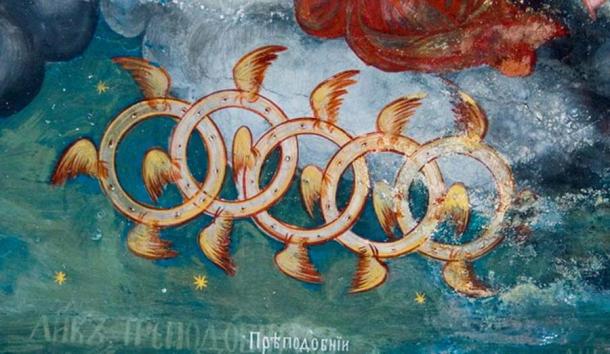 Ezekiel’s wheel from a 19th century fresco in St. John the Baptist Church in Kratovo, Macedonia, said to be the wheels of the heavenly chariot. (Public domain)