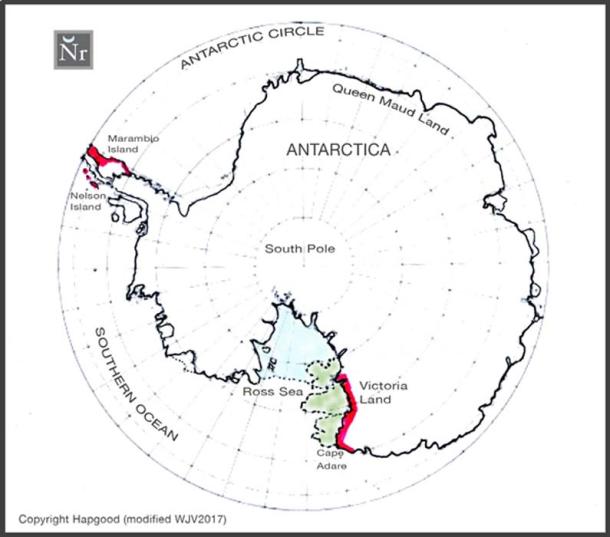FIGURE 1:  Modern map of Antarctica indicating the section of the Ross Sea coastline, the subject of Space Archaeologist William James Veall's probing by remote sensing satellite (in red) and the extended ice-free section of the Ross Sea coastline as shown on the AD 1512 maps of Oronteus Finaeus (marked green).