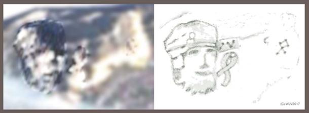 FIGURE 11 and 11a: A superbly sculptured human head in a 'Romanesque/Greco' style helmet with an open loop GIS mark on the front panel. The portrait, nearly 800 meters in height by 400 meters wide is carved into the steep face of a mountain ridge. Immediately to the right (facing) is a very distinct GIS symbol which gives a latitudinal reading of 82º 25 15 00S. Six hundred meters to the east is 'pecked' a diamond point GIS indicating the longitude of the site.