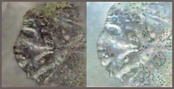 FIGURE 12 and 12a:  Fig 12 is the original untouched satellite photograph. Fig. 12a has been lightly retouched by pencil only.