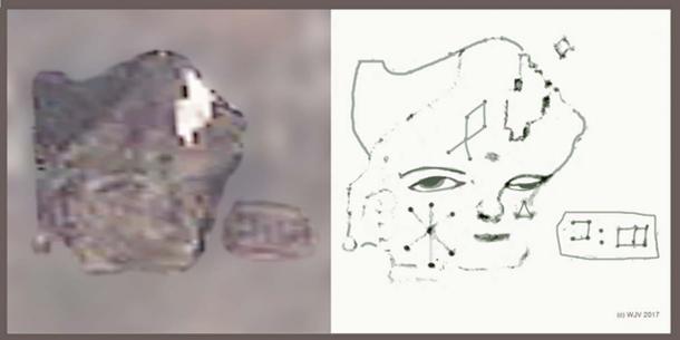 FIGURES 7 and 7a: The very first portrait I discovered on Antarctica; this amazing figure wearing a tricorn hat is carved into a deglaciated rock surface, some 25 meters in height x 32 meters width, it features a human head, Caucasian in appearance, with gentile facial features and lightly epicanthic, expressive eyes. The left cheek (facing) is pecked with a Cretan style 'star'; the forehead with a diamond point GIS. Beneath the right eye (facing) is a small pecked triangle. Just opposite are pecked two Linear A characters.