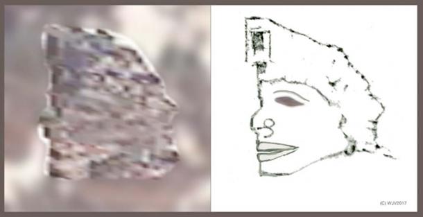 FIGURES 8 and 8a: This figure, 23 meters high x 20 meters in width is clearly of 'Native' ancestry. The head appears to have an unusual projecting jawline. A gnomon records the 170.16.26.00 longitude co-ordinate of this particular image.