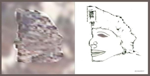 FIGURES 8 and 8a: This figure, 23 meters high x 20 meters in width is clearly of 'Native' ancestry. The head appears to have an unusual projecting jawline. A gnomon records the 170.16.26.00 longitude co-ordinate of this particular image.
