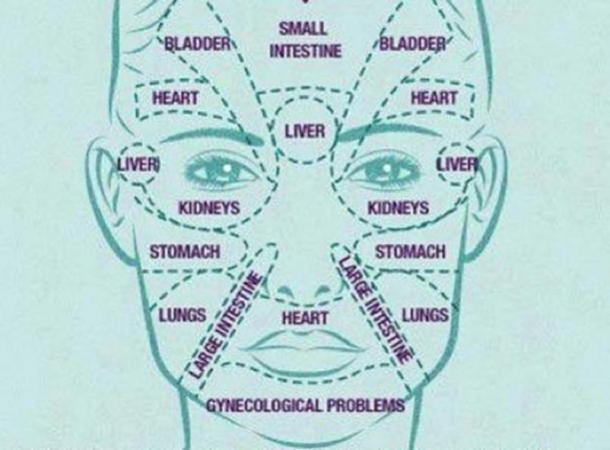 Face map showing where internal health problems may show up on the face as redness or irritation.