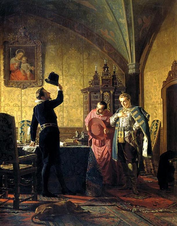 False Dmitri I promising Catholic conversion in Russia to the Polish King, Sigismund III. By Nikolai Vasilyevich Nevrev (1874).